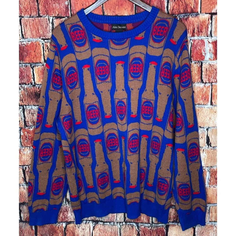 Alex Stevens Beer All Over Print Knit Large Crew Neck Men Sweater Ugly Christmas